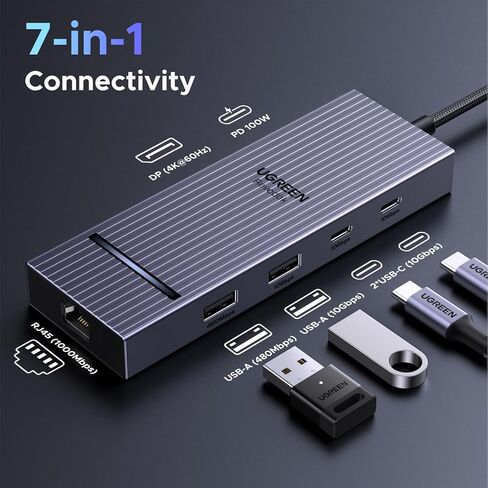 UGREEN Revodok Pro 7 في 1 USB-C Hub إلى DisplayPort 4K 60 هرتز، توصيل طاقة 100 واط 10 جيجابت في الثانية USB-A وUSB-C 3.2 لأجهزة MacBook Pro/Air، iPad Pro، Thinkpad، Rog Ally والمزيد. in Saudi Arabia