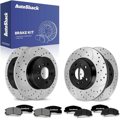 AutoShack Front & Rear Drilled & Slotted Brake Rotors Ceramic Brake Pads | Replacement for 2006-2007 Chevrolet Monte Carlo 2006-2010 Impala 3.5L V6 FWD | E-Coated | 12-PC Brake Kit | ShadowGuard in Saudi Arabia
