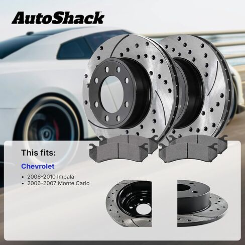 AutoShack Front & Rear Drilled & Slotted Brake Rotors Ceramic Brake Pads | Replacement for 2006-2007 Chevrolet Monte Carlo 2006-2010 Impala 3.5L V6 FWD | E-Coated | 12-PC Brake Kit | ShadowGuard in Saudi Arabia