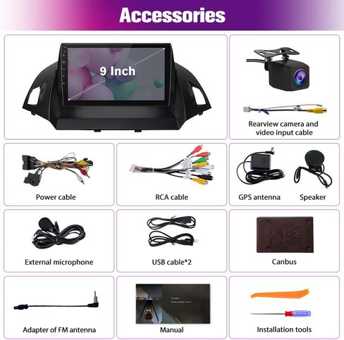 Car Radio Stereo Upgrade for Ford Kuga 2013-2016, Android Head Unit with 9 Inch Touch Screen/Backup Camera/Wireless CarPlay & Android Auto/Mirroring/WiFi/Bluetooth/SWC in Saudi Arabia