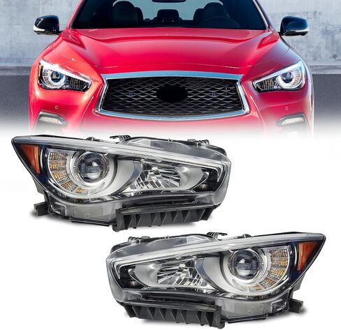 مجموعة المصابيح الأمامية LED لسيارة Infiniti Q50 2014-2022 - المصابيح الأمامية لجهاز العرض مع LED DRL، غطاء شفاف من الكروم، غير AFS، يسار (جانب السائق) in Kuwait