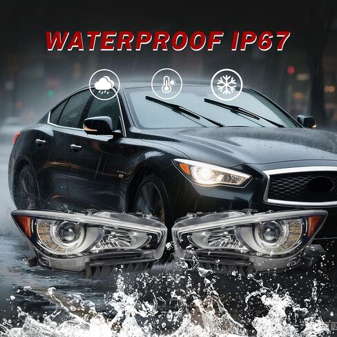 مجموعة المصابيح الأمامية LED لسيارة Infiniti Q50 2014-2022 - المصابيح الأمامية لجهاز العرض مع LED DRL، غطاء شفاف من الكروم، غير AFS، يسار (جانب السائق) in Kuwait