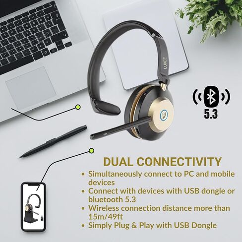LUXEE Wireless Trucker Bluetooth Headset with Mic, V5.3 Bluetooth Headphones with Noise Cancelling Microphone, Single-Ear Wireless Headphones for Work Truckers Home Call Center Ready with Auto Switch. in Saudi Arabia