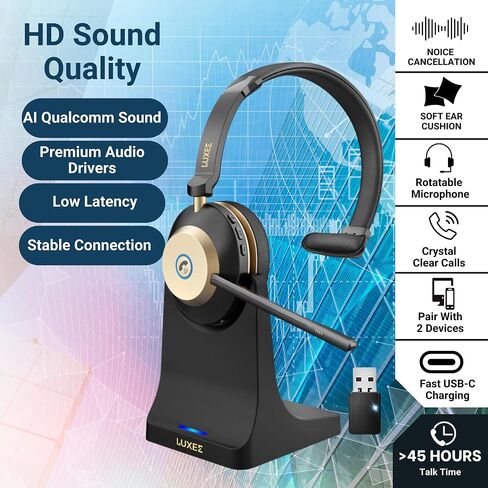 LUXEE Wireless Trucker Bluetooth Headset with Mic, V5.3 Bluetooth Headphones with Noise Cancelling Microphone, Single-Ear Wireless Headphones for Work Truckers Home Call Center Ready with Auto Switch. in Saudi Arabia