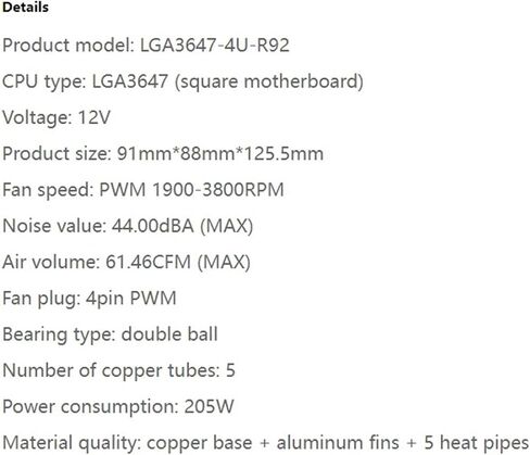 CPU Cooler for LGA 3647 Square Type 4U Radiator 5 Heat Pipes LGA3647-4U-R92 Side Blow Cooling Fan Heat Sink(6000RPM) in Saudi Arabia