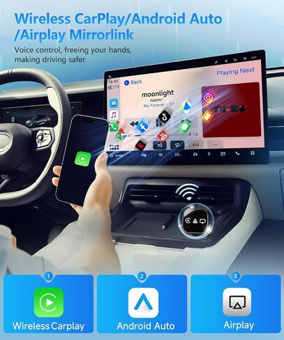 VQU 3 في 1 محول Carplay لاسلكي صغير للهواتف، Carplay/Android Auto/Mirrorlink للمحول، بلوتوث 5.0، التوصيل والتشغيل، اتصال USB/Type-C، iOS10+ / Android 11 (أسود) in Kuwait