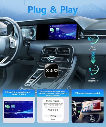 VQU 3 في 1 محول Carplay لاسلكي صغير للهواتف، Carplay/Android Auto/Mirrorlink للمحول، بلوتوث 5.0، التوصيل والتشغيل، اتصال USB/Type-C، iOS10+ / Android 11 (أسود) in Kuwait