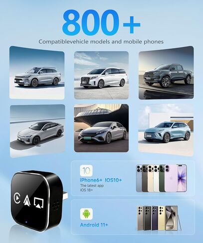 VQU 3 في 1 محول Carplay لاسلكي صغير للهواتف، Carplay/Android Auto/Mirrorlink للمحول، بلوتوث 5.0، التوصيل والتشغيل، اتصال USB/Type-C، iOS10+ / Android 11 (أسود) in Kuwait