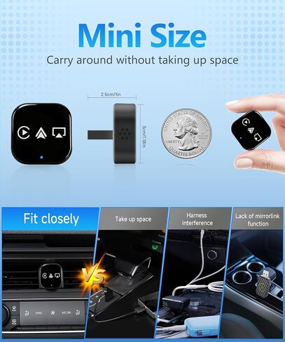 VQU 3 في 1 محول Carplay لاسلكي صغير للهواتف، Carplay/Android Auto/Mirrorlink للمحول، بلوتوث 5.0، التوصيل والتشغيل، اتصال USB/Type-C، iOS10+ / Android 11 (أسود) in Kuwait