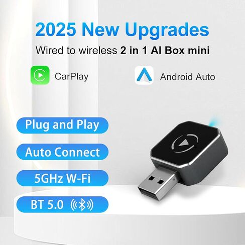 محول CarPlay & Android التلقائي اللاسلكي، تحويل التوصيل والتشغيل 2 في 1 لسيارات Apple CarPlay السلكية، متوافق مع USB/USB-C، يعمل مع هواتف iPhone iOS 10+ وAndroid 11+ الذكية in Kuwait
