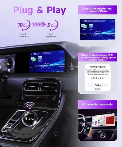 محول CarPlay لاسلكي صغير 3 في 1 (ترقية 2026) - Carplay سلكي مدمج Android Auto Airplay، التوصيل والتشغيل، إعادة الاتصال التلقائي السريع، BT 5.0، USB/Type-C، iOS10+&Android 11+، 5G WiFi (أسود) in Kuwait
