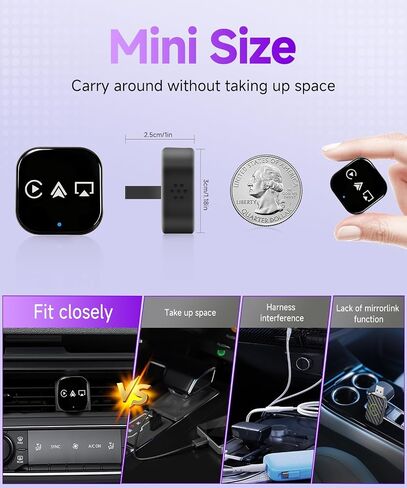 محول CarPlay لاسلكي صغير 3 في 1 (ترقية 2026) - Carplay سلكي مدمج Android Auto Airplay، التوصيل والتشغيل، إعادة الاتصال التلقائي السريع، BT 5.0، USB/Type-C، iOS10+&Android 11+، 5G WiFi (أسود) in Kuwait