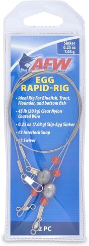 AFW Egg Rapid-Rig - جهاز صيد مربوط مسبقًا مع سلك مطلي بالنايلون الشفاف بوزن 45 رطل، وغطاس بيض منزلق، ومشبك #3 متشابك ودوار #5 - مثالي للسمك الأزرق، وسمك السلمون المرقط، والسمك المفلطح، والصيد السفلي (عبوتان) in Kuwait