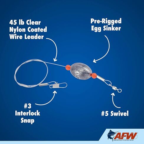 AFW Egg Rapid-Rig - جهاز صيد مربوط مسبقًا مع سلك مطلي بالنايلون الشفاف بوزن 45 رطل، وغطاس بيض منزلق، ومشبك #3 متشابك ودوار #5 - مثالي للسمك الأزرق، وسمك السلمون المرقط، والسمك المفلطح، والصيد السفلي (عبوتان) in Kuwait