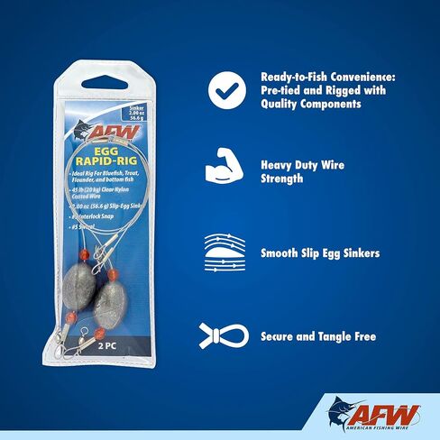 AFW Egg Rapid-Rig - جهاز صيد مربوط مسبقًا مع سلك مطلي بالنايلون الشفاف بوزن 45 رطل، وغطاس بيض منزلق، ومشبك #3 متشابك ودوار #5 - مثالي للسمك الأزرق، وسمك السلمون المرقط، والسمك المفلطح، والصيد السفلي (عبوتان) in Kuwait