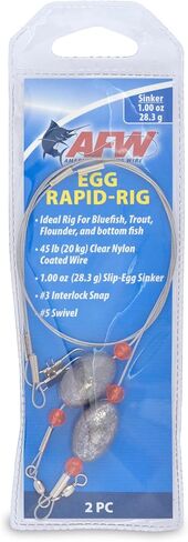 AFW Egg Rapid-Rig - جهاز صيد مربوط مسبقًا مع سلك مطلي بالنايلون الشفاف بوزن 45 رطل، وغطاس بيض منزلق، ومشبك #3 متشابك ودوار #5 - مثالي للسمك الأزرق، وسمك السلمون المرقط، والسمك المفلطح، والصيد السفلي (عبوتان) in Kuwait