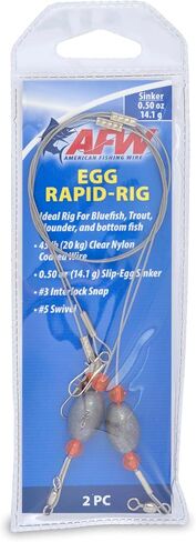 AFW Egg Rapid-Rig - جهاز صيد مربوط مسبقًا مع سلك مطلي بالنايلون الشفاف بوزن 45 رطل، وغطاس بيض منزلق، ومشبك #3 متشابك ودوار #5 - مثالي للسمك الأزرق، وسمك السلمون المرقط، والسمك المفلطح، والصيد السفلي (عبوتان) in Kuwait