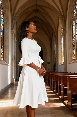 فساتين الكوكتيل النسائية من Nmoder - فستان متوسط ​​الطول لحفلات الزفاف Geust Tea Party بأكمام جرس مع حزام in Kuwait