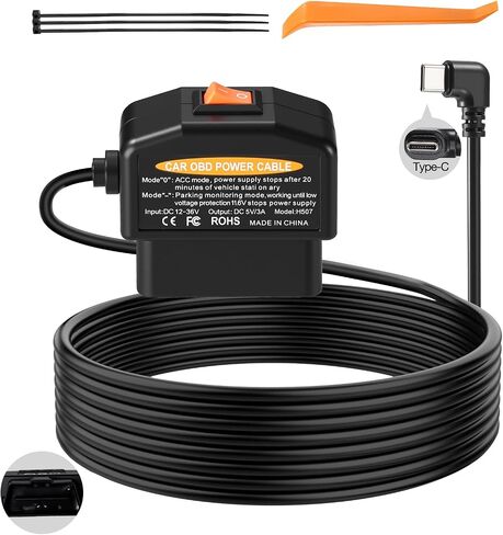 OBD2 to USB C Dash Cam Power Cable , Hardwire Kit with Dual Mode (Parking Mode&ACC Mode),Low Voltage Protection, 12V-24V to 5V/3A(11.6V Auto-cutoff),Adapter Charger Long Cable(11.5FT),Plug and Play in Saudi Arabia