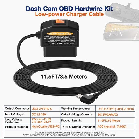 OBD2 to USB C Dash Cam Power Cable , Hardwire Kit with Dual Mode (Parking Mode&ACC Mode),Low Voltage Protection, 12V-24V to 5V/3A(11.6V Auto-cutoff),Adapter Charger Long Cable(11.5FT),Plug and Play in Saudi Arabia