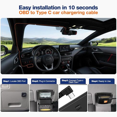 OBD2 to USB C Dash Cam Power Cable , Hardwire Kit with Dual Mode (Parking Mode&ACC Mode),Low Voltage Protection, 12V-24V to 5V/3A(11.6V Auto-cutoff),Adapter Charger Long Cable(11.5FT),Plug and Play in Saudi Arabia