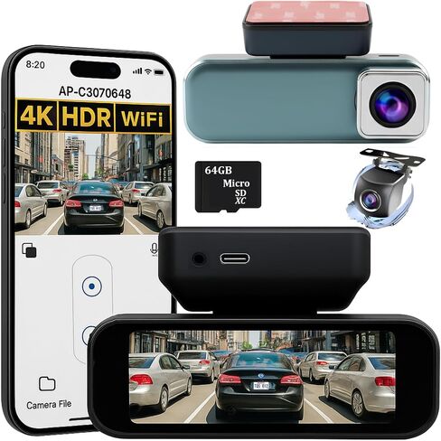 4K Dash Cam Front and Rear with WiFi, UHD 2160P+1080P Dual Dash Camera for Cars, Super Night Vision, 3" IPS Screen, 24H Parking Mode, 170° Wide Angle, G-Sensor, Loop Recording, Free 64GB Card Included in Saudi Arabia