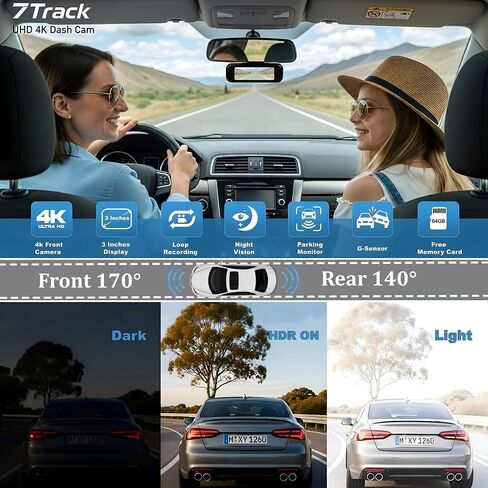 4K Dash Cam Front and Rear with WiFi, UHD 2160P+1080P Dual Dash Camera for Cars, Super Night Vision, 3" IPS Screen, 24H Parking Mode, 170° Wide Angle, G-Sensor, Loop Recording, Free 64GB Card Included in Saudi Arabia