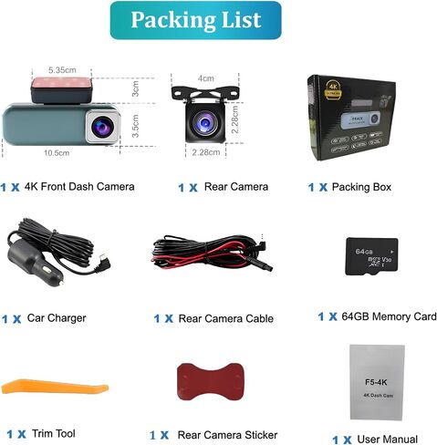4K Dash Cam Front and Rear with WiFi, UHD 2160P+1080P Dual Dash Camera for Cars, Super Night Vision, 3" IPS Screen, 24H Parking Mode, 170° Wide Angle, G-Sensor, Loop Recording, Free 64GB Card Included in Saudi Arabia