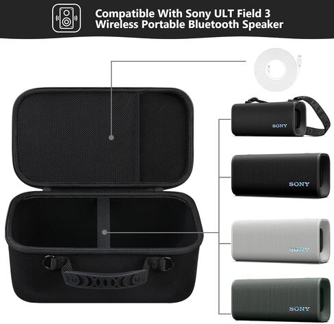 Hard Carrying Case for Sony ULT Field 3 Wireless Portable Bluetooth Speaker, Wireless Portable Speaker Protection Case with Shoulder Strap, Mesh Pocket fits Charging Cables, Black in Saudi Arabia