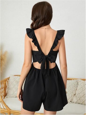 SweatyRocks Women's Bow Tie Back Ruffle Sleeveless Wide Leg Rompers Summer Vacation Short Jumpsuit in Saudi Arabia