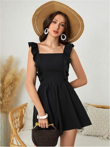 SweatyRocks Women's Bow Tie Back Ruffle Sleeveless Wide Leg Rompers Summer Vacation Short Jumpsuit in Saudi Arabia