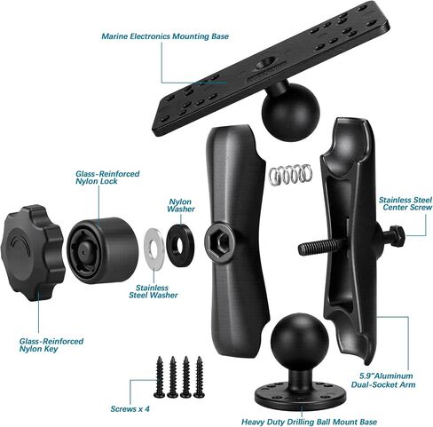 Aluminum Anti-Theft Knob Fish Finder Mount with 1.5" / C Size Ball, 5.9'' Long Arm Marine Electronic Mount,Saltwater Resistant Aluminum Bracket Compatible with Garmin, Lowrance and More in Kuwait