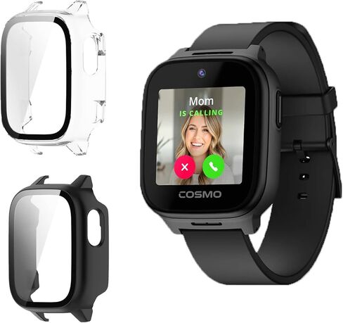 2 Pack Tempered Glass Screen Protector Compatible with Cosmo JrTrack 5, Hard PC Bumper Case Built in Screen Protector for JrTrack 5 Kids Smart Watch Accessories - Black+Clear in Kuwait