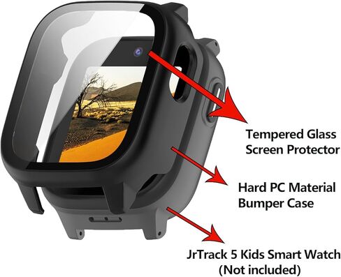 2 Pack Tempered Glass Screen Protector Compatible with Cosmo JrTrack 5, Hard PC Bumper Case Built in Screen Protector for JrTrack 5 Kids Smart Watch Accessories - Black+Clear in Kuwait