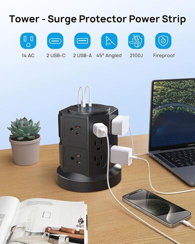 TROND Tower Surge Protector Power Strip with 14 Widely Spaced Outlets, 4 USB Ports(2 USB C), 2100J Surge Protection, 6 Feet Extension Cord with Multiple Outlets, Office Desk Supplies, Dorm Essentials in Saudi Arabia