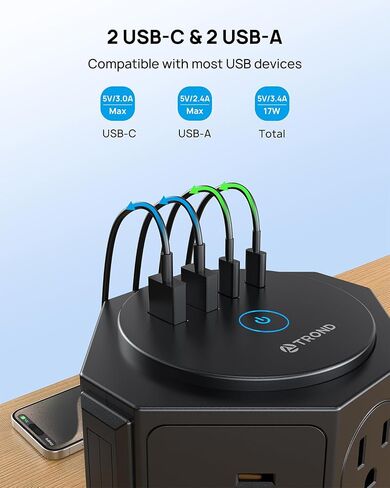 TROND Tower Surge Protector Power Strip with 14 Widely Spaced Outlets, 4 USB Ports(2 USB C), 2100J Surge Protection, 6 Feet Extension Cord with Multiple Outlets, Office Desk Supplies, Dorm Essentials in Saudi Arabia