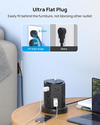 TROND Tower Surge Protector Power Strip with 14 Widely Spaced Outlets, 4 USB Ports(2 USB C), 2100J Surge Protection, 6 Feet Extension Cord with Multiple Outlets, Office Desk Supplies, Dorm Essentials in Saudi Arabia
