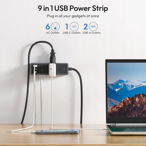 NTONPOWER Flat Extension Cord 10 ft, 1080 Joules Surge Protector Power Strip with 6 Widely Outlets 3 USB (1 USB C), Flat Plug Extension Cord Power Strip Long Cord for Home Office Dorm Room Essentials in Saudi Arabia