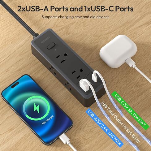 NTONPOWER Flat Extension Cord 10 ft, 1080 Joules Surge Protector Power Strip with 6 Widely Outlets 3 USB (1 USB C), Flat Plug Extension Cord Power Strip Long Cord for Home Office Dorm Room Essentials in Saudi Arabia