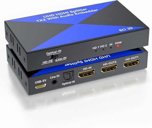 HDMI Audio Embedder with HDMI Splitter 1x2, Digital Analog (Optical/3.5mm) Audio Inserter, HDMI 2.0, HDCP 2.2, Mirror Screen, 4K, for PS4/5, Blu-ray Player, HDTV, PC in Saudi Arabia