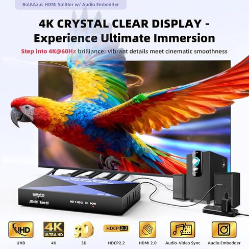 HDMI Audio Embedder with HDMI Splitter 1x2, Digital Analog (Optical/3.5mm) Audio Inserter, HDMI 2.0, HDCP 2.2, Mirror Screen, 4K, for PS4/5, Blu-ray Player, HDTV, PC in Saudi Arabia