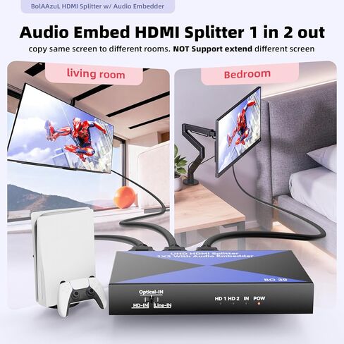 HDMI Audio Embedder with HDMI Splitter 1x2, Digital Analog (Optical/3.5mm) Audio Inserter, HDMI 2.0, HDCP 2.2, Mirror Screen, 4K, for PS4/5, Blu-ray Player, HDTV, PC in Saudi Arabia