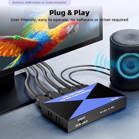 HDMI Audio Embedder with HDMI Splitter 1x2, Digital Analog (Optical/3.5mm) Audio Inserter, HDMI 2.0, HDCP 2.2, Mirror Screen, 4K, for PS4/5, Blu-ray Player, HDTV, PC in Saudi Arabia