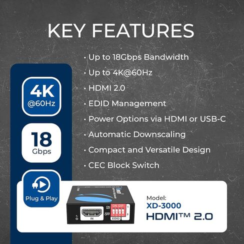XD-3000 HDMI Downscaler - محول HDMI 2.0 بسرعة 18 جيجابت في الثانية مع 4K@60 هرتز (4:4:4)، HDCP 2.2، إدارة EDID، كتلة CEC، طاقة USB-C in Kuwait