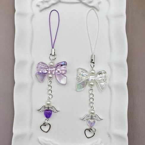 Y2K Wing Phone Charms - Handmade Decor Pearl Beaded Bag Charm, Pink Bow Phone Pendant Gift for Women in Kuwait