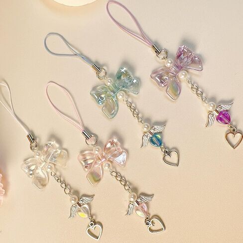 Y2K Wing Phone Charms - Handmade Decor Pearl Beaded Bag Charm, Pink Bow Phone Pendant Gift for Women in Kuwait