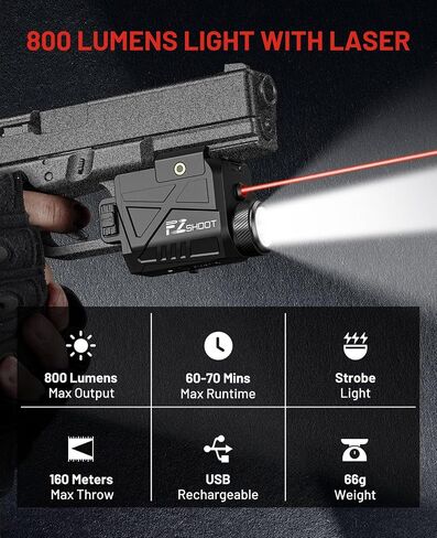 EZshoot 800 Lumens Laser Light Combo for Pistol Rechargeable, Pistol Flashlight with Slidable Rail Compatible with Glock and Picatinny Rail, Gun Light with Green Laser Beam in Saudi Arabia