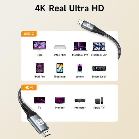 USB C to HDMI Cable 1.5ft, [4K, High-Speed], USB Type C to HDMI Cord [Thunderbolt 3/4 Compatible] for iPhone 16 15 Pro Max Plus, MacBook iPad Pro/Air,Samsung S25 S24 S23 S22 S21 S20 S10 Surface Switch in Kuwait