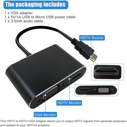 [New US] HDMI to VGA+HDMI Adapter for Dual Monitor, HDMI to VGA & HDMI Splitter 2-in-1,1080P@60HZ Full HD Display Video Converter Compaitble for Windows/Mac Os/Linux, Plug & Play in Kuwait