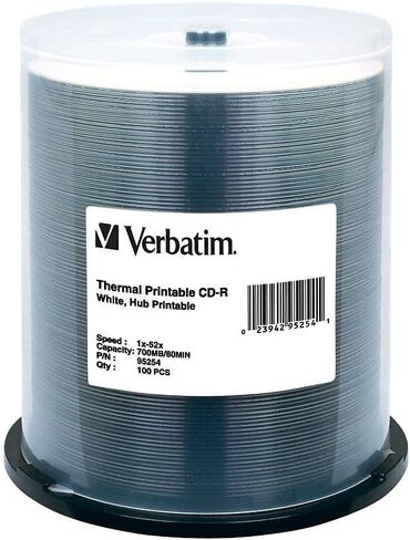 Verbatim CD-R 700 ميجابايت 52X قرص وسائط أبيض قابل للطباعة الحرارية وقابل للتسجيل - عمود دوران 100 قطعة in Saudi Arabia